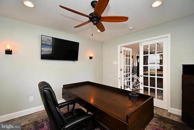 office area featuring wood finished floors, french doors, and baseboards