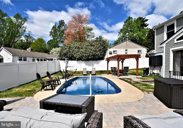 view of pool with a pergola, a patio area, a fenced in pool, a fenced backyard, and outdoor dining space