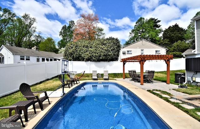 view of pool with a fenced in pool, a pergola, a patio, and a fenced backyard