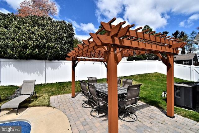 view of patio featuring outdoor dining space, a fenced backyard, and a pergola
