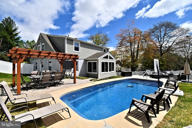 view of swimming pool with a fenced in pool, a patio area, outdoor dining area, a pergola, and fence