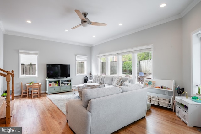 403 Thomas St, Alexandria, VA 22302 - living room with crown molding, light wood-style floors, a ceiling fan, and recessed lighting