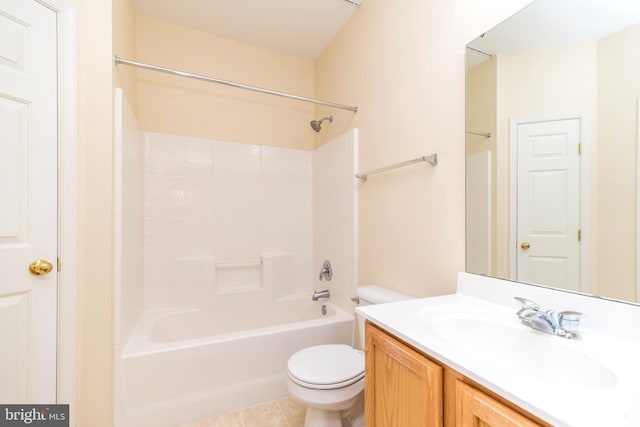 full bath with shower / bathtub combination, toilet, tile patterned flooring, and vanity