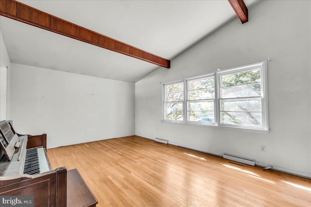 unfurnished living room with lofted ceiling with beams and wood finished floors