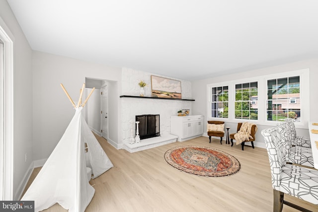 living room featuring baseboards, wood finished floors, and a fireplace