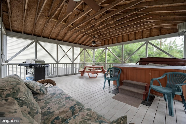 1105 N Bay Shore Dr, Milton, DE 19968 - sunroom / solarium with a jacuzzi, lofted ceiling, and a ceiling fan