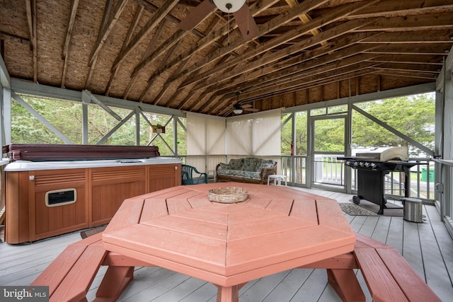 1105 N Bay Shore Dr, Milton, DE 19968 - sunroom / solarium with a hot tub, vaulted ceiling, and a ceiling fan