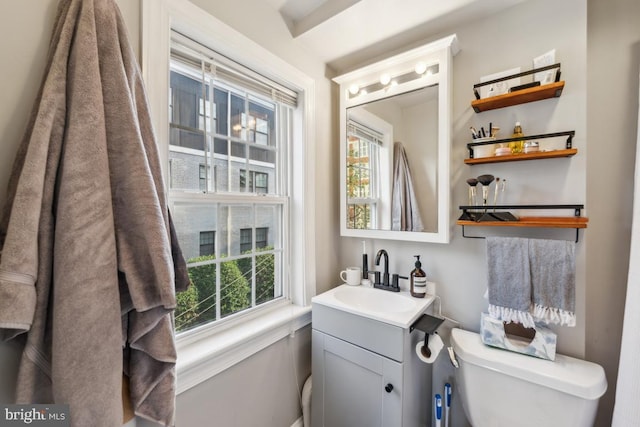 half bath with vanity, a wealth of natural light, and toilet
