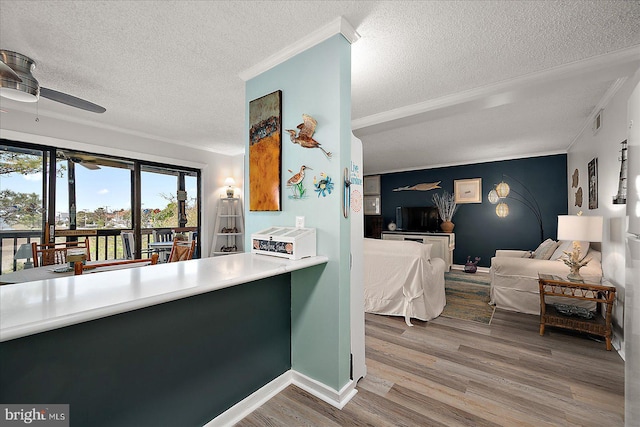 119 Old Landing Rd Unit 205A, Ocean City, MD 21842 - kitchen featuring a textured ceiling, ornamental molding, wood finished floors, ceiling fan, and baseboards