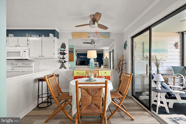 119 Old Landing Rd Unit 205A, Ocean City, MD 21842 - dining area featuring ceiling fan, light wood-style floors, ornamental molding, and a textured ceiling