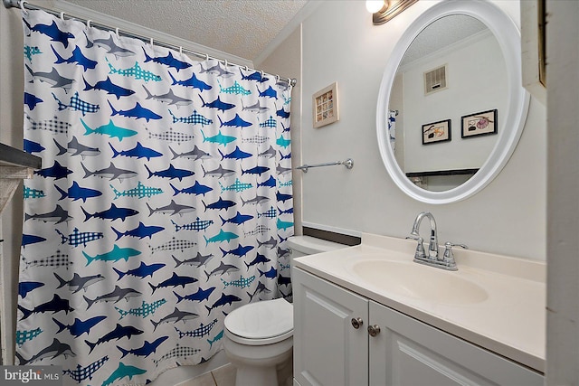 119 Old Landing Rd Unit 205A, Ocean City, MD 21842 - bathroom featuring toilet, crown molding, a textured ceiling, visible vents, and vanity