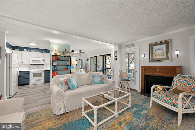 119 Old Landing Rd Unit 205A, Ocean City, MD 21842 - living room with light wood finished floors, a textured ceiling, ornamental molding, and a fireplace with flush hearth
