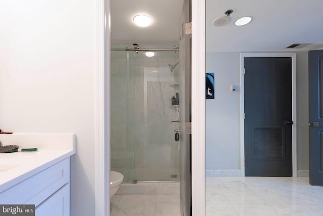 full bath with vanity, toilet, marble finish floor, visible vents, and a stall shower