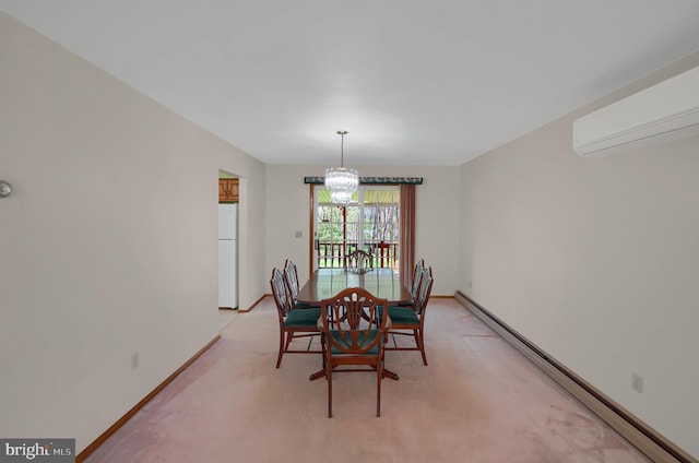 dining space featuring baseboards, light carpet, a baseboard heating unit, and a wall mounted air conditioner