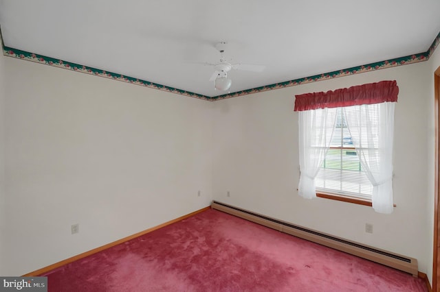 carpeted empty room featuring baseboards, a ceiling fan, and baseboard heating