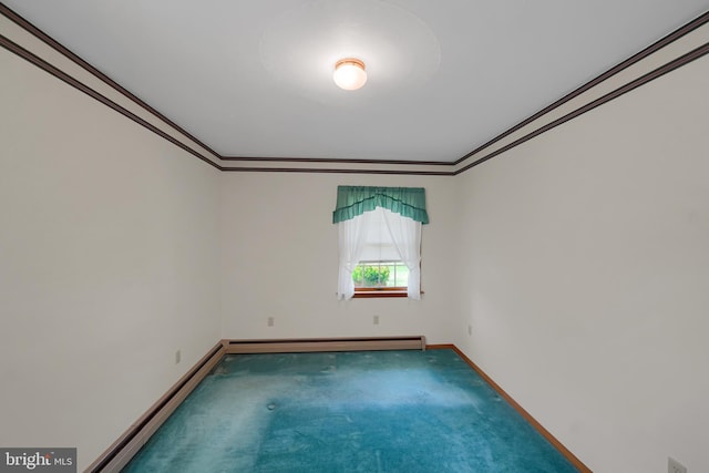 unfurnished room featuring crown molding, baseboards, carpet, and a baseboard radiator