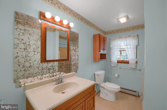 bathroom featuring vanity, toilet, a shower with shower curtain, and a baseboard radiator