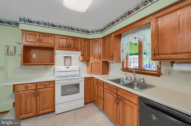 kitchen featuring white range with electric cooktop, a sink, light countertops, under cabinet range hood, and black dishwasher