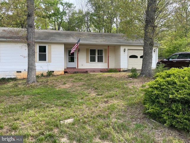 ranch-style home with a porch, crawl space, an attached garage, and a front lawn