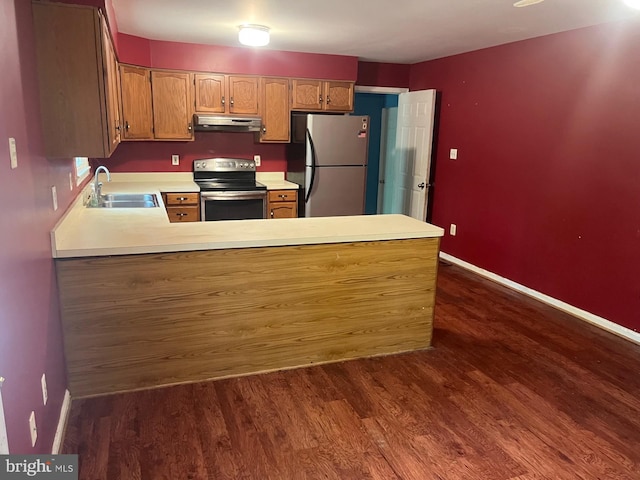 kitchen with appliances with stainless steel finishes, a sink, a peninsula, dark wood-style floors, and under cabinet range hood
