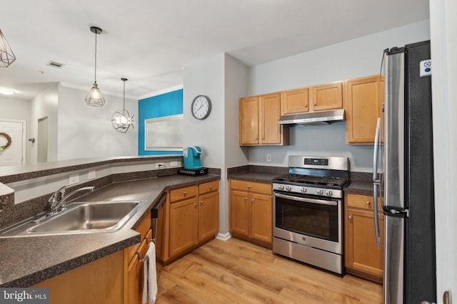 13347 Connor Dr Unit H, Centreville, VA 20120 - kitchen with appliances with stainless steel finishes, a sink, under cabinet range hood, light wood-type flooring, and decorative light fixtures