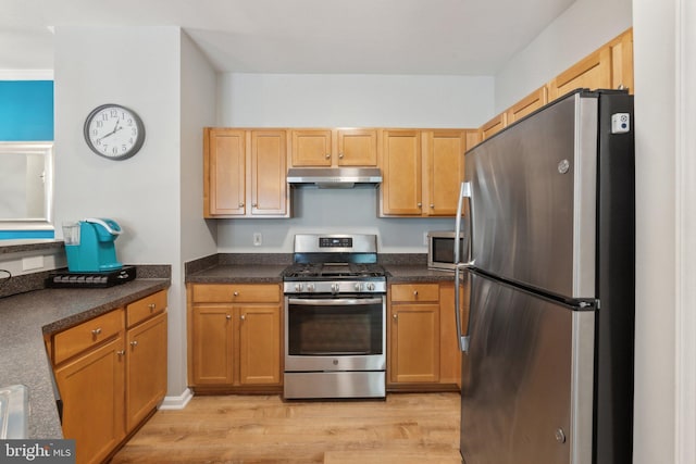 13347 Connor Dr Unit H, Centreville, VA 20120 - kitchen featuring stainless steel appliances, under cabinet range hood, light wood finished floors, and dark countertops