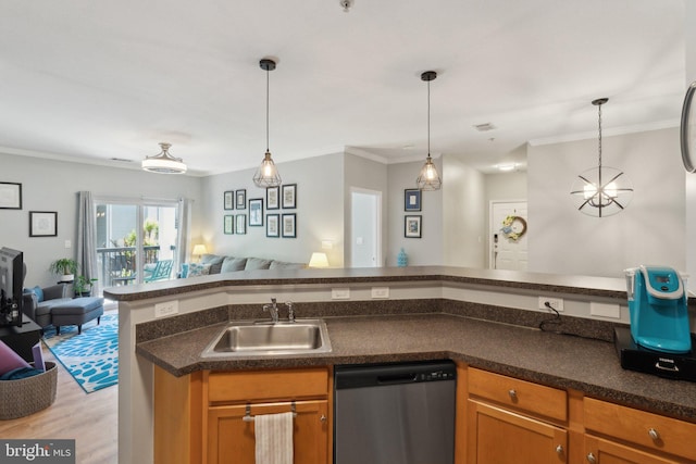 13347 Connor Dr Unit H, Centreville, VA 20120 - kitchen featuring dishwasher, a sink, open floor plan, crown molding, and dark countertops