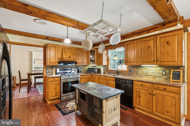 kitchen with decorative backsplash, a sink, dark wood-style floors, black appliances, and beam ceiling