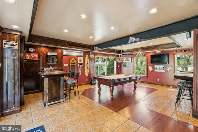 playroom featuring light tile patterned floors, baseboards, a dry bar, recessed lighting, and billiards