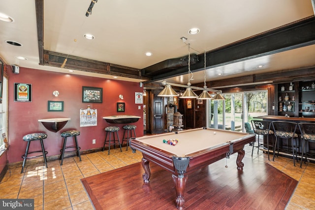 rec room with recessed lighting, tile patterned flooring, pool table, baseboards, and a bar