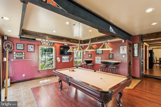 recreation room featuring baseboards, beam ceiling, recessed lighting, tile patterned floors, and billiards