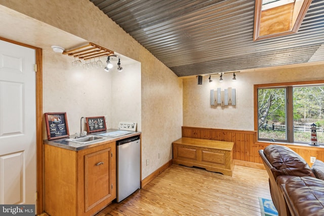 kitchen with stainless steel counters, brown cabinetry, track lighting, light wood-style flooring, and dishwasher