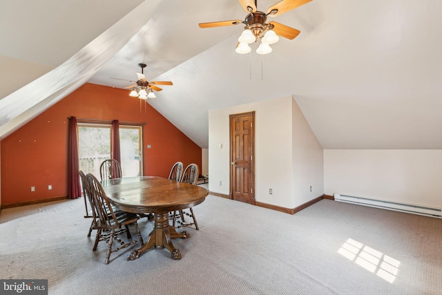 carpeted dining area featuring lofted ceiling, a baseboard radiator, a ceiling fan, and baseboards