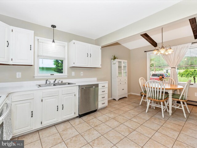 kitchen with stainless steel dishwasher, a sink, a chandelier, and hanging light fixtures