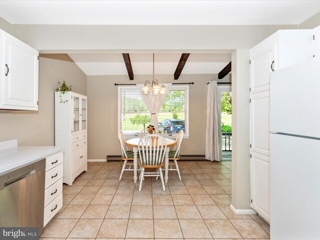 dining area with baseboard heating, light tile patterned floors, baseboards, beamed ceiling, and an inviting chandelier