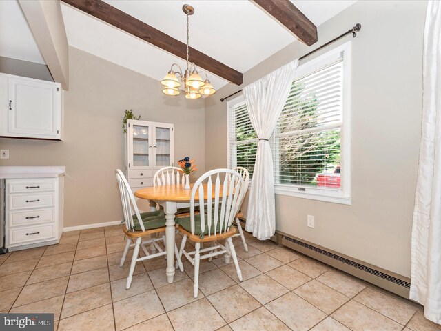 dining room with light tile patterned flooring, a chandelier, beam ceiling, and a baseboard radiator