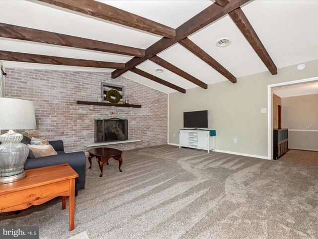 living area featuring visible vents, a brick fireplace, baseboards, lofted ceiling with beams, and carpet