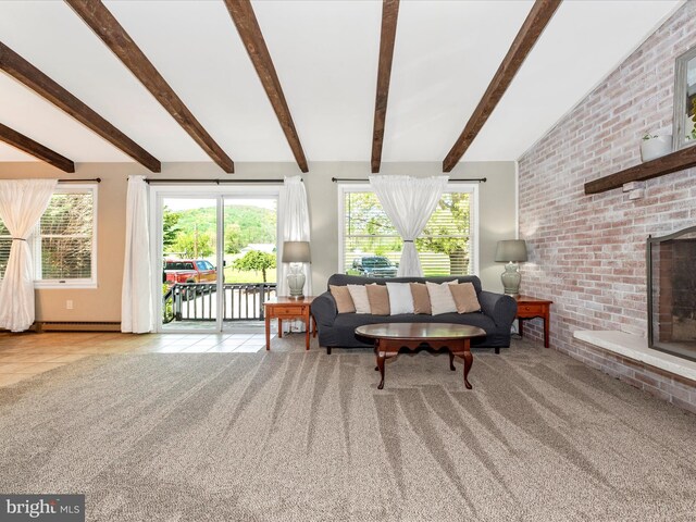 carpeted living room featuring baseboards, tile patterned floors, a baseboard heating unit, and beam ceiling