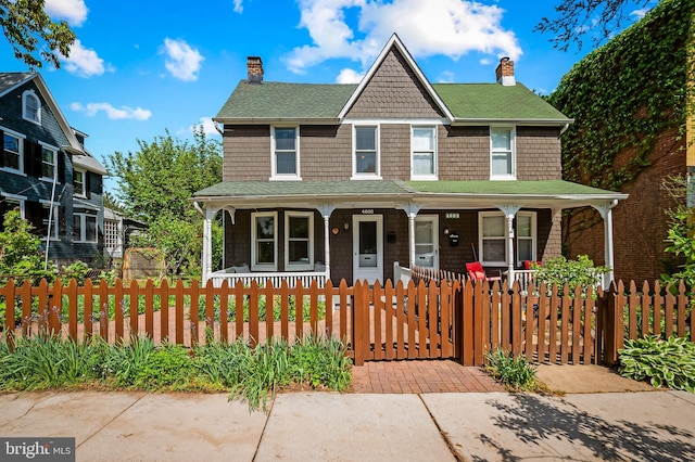victorian house featuring a gate, a chimney, a porch, and a fenced front yard