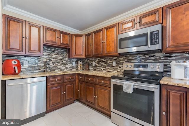 20 Coville Dr, Browns Mills, NJ 08015 - kitchen featuring tasteful backsplash, stainless steel appliances, ornamental molding, and a sink