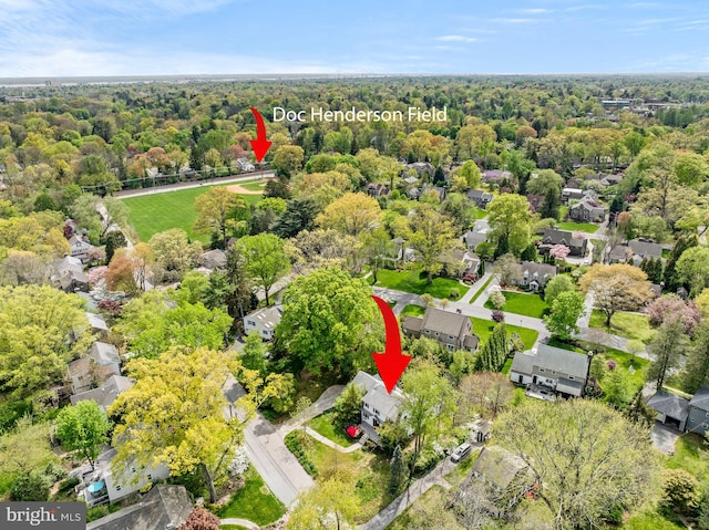birds eye view of property with a wooded view and a residential view