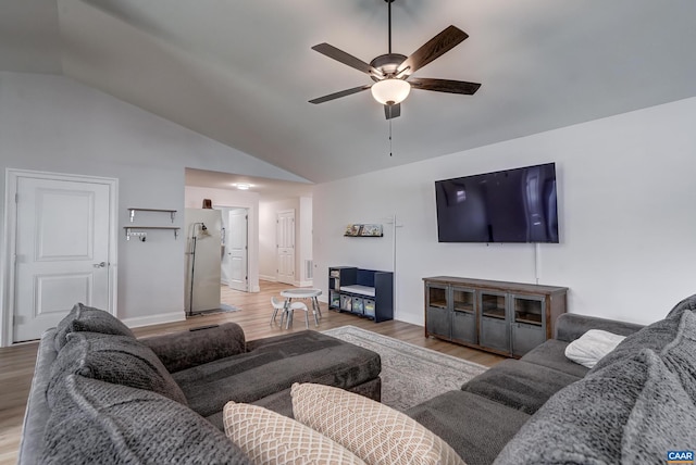 147 Langley Dr, Waynesboro, VA 22980 - living area featuring baseboards, ceiling fan, wood finished floors, and lofted ceiling