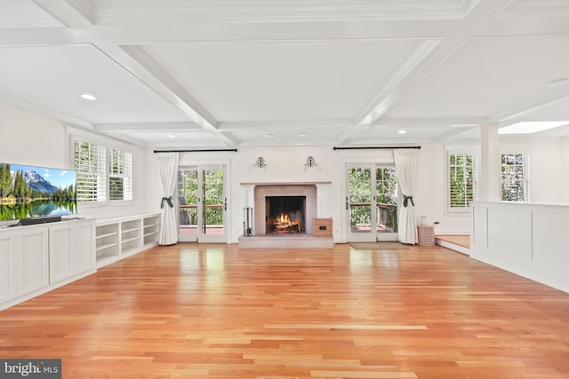 9373 Robnel Pl, Vienna, VA 22182 - unfurnished living room featuring coffered ceiling, light wood-type flooring, and beam ceiling