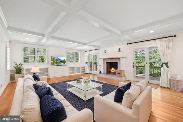 9373 Robnel Pl, Vienna, VA 22182 - living room with coffered ceiling, wood finished floors, a fireplace, and beamed ceiling