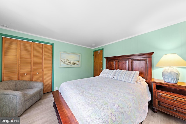 bedroom with crown molding, a closet, and light wood-style flooring