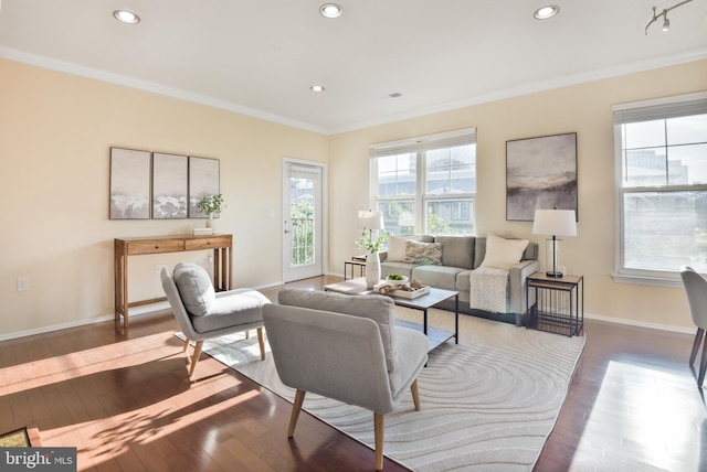 11800 Old Georgetown Rd Unit 1741, North Bethesda, MD 20852 - living area featuring baseboards, recessed lighting, ornamental molding, and wood-type flooring
