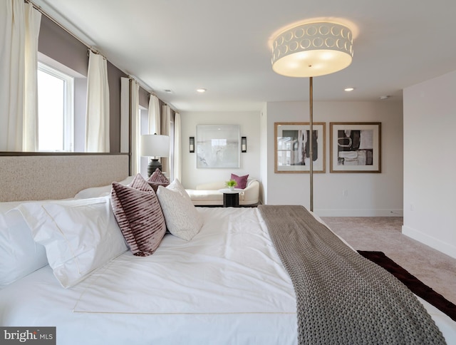 bedroom featuring carpet, recessed lighting, and baseboards