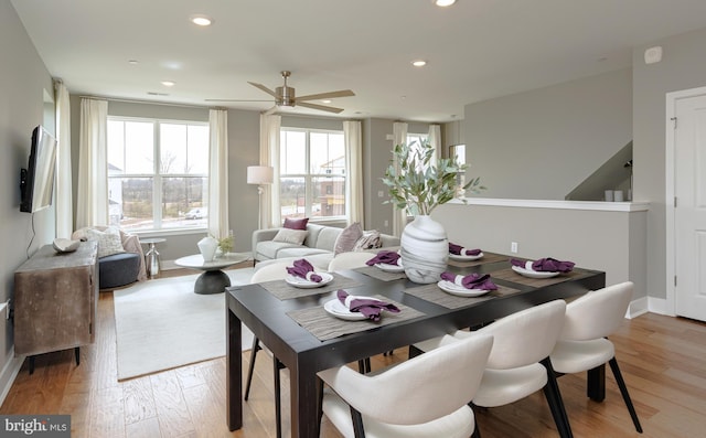 dining area featuring recessed lighting, ceiling fan, light wood-style flooring, and a healthy amount of sunlight