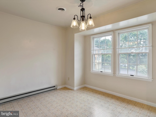 321 Valley View Dr, Waynesboro, PA 17268 - unfurnished room with a baseboard radiator, baseboards, and a chandelier
