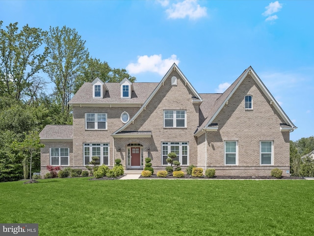 colonial inspired home featuring brick siding, a front yard, and roof with shingles